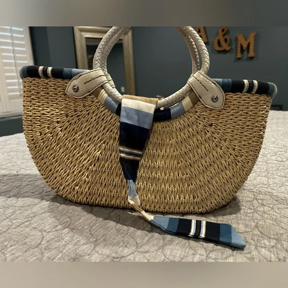 VINTAGE BRIGHTON COLLECTIBLES STRAW HANDBAG WHITE/NAVY BLUE STRIPE INTERIOR - Picture 3 of 14